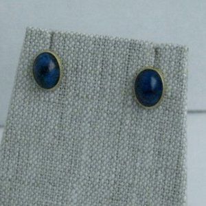14K Yellow Gold Dark Blue Marbled Stone Post Earrings
